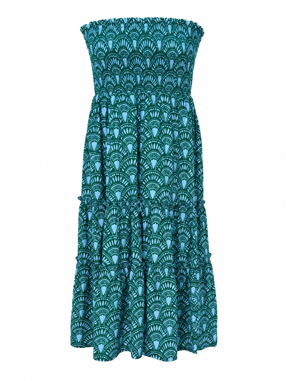 J. Marie L Green Blue Fan Print Smocked Strapless Tiered Midi Dress Resort Boho